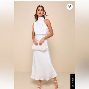 NWT Lulus Distinctive Charm White Satin Asymmetrical Midi Dress